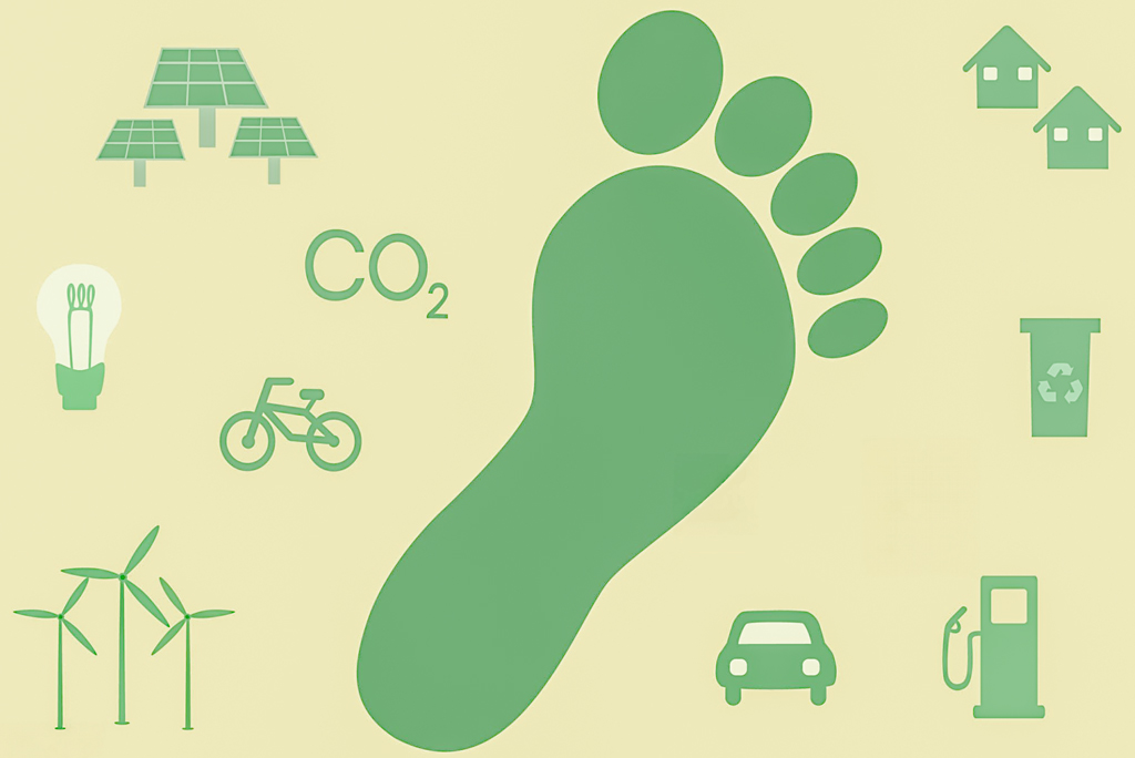 Illustration showing carbon emission and footprint symbols alongside a car and fuel icons, representing the environmental and financial impact of daily commuting.