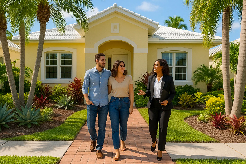 Home buyers in Florida discussing questions to ask a real estate agent before purchasing a house.