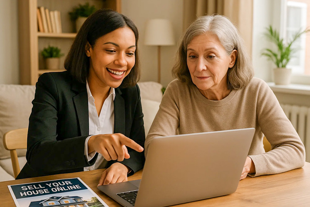 Home seller frustrated while trying to list a house online, representing the challenges of selling property digitally