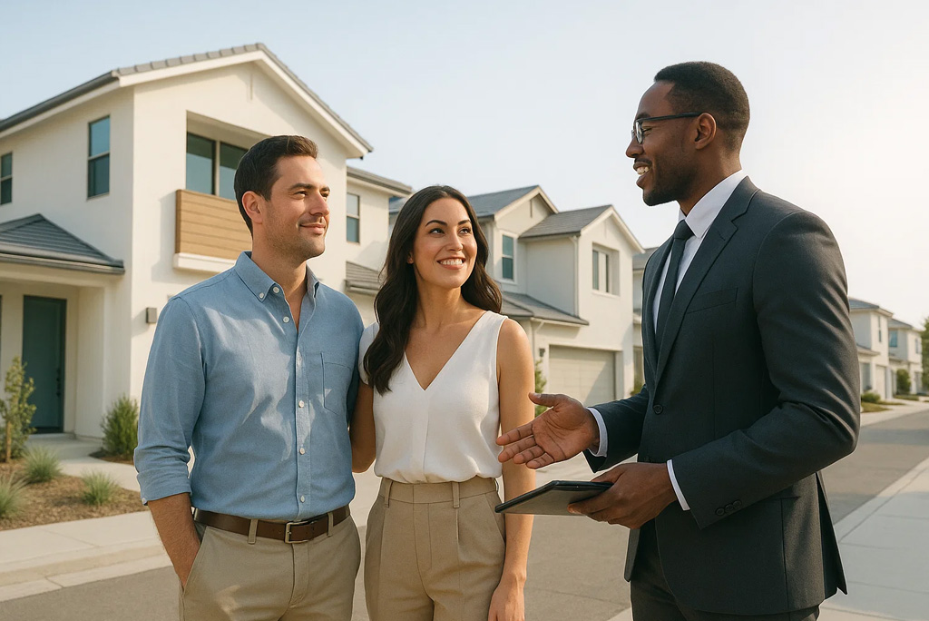 Couple reviewing documents with a real estate agent, highlighting common mistakes to avoid when choosing an agent