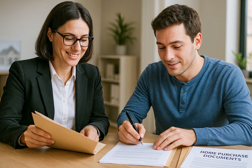 Real estate agent guiding homebuyers through simple steps for a stress-free home buying experience.