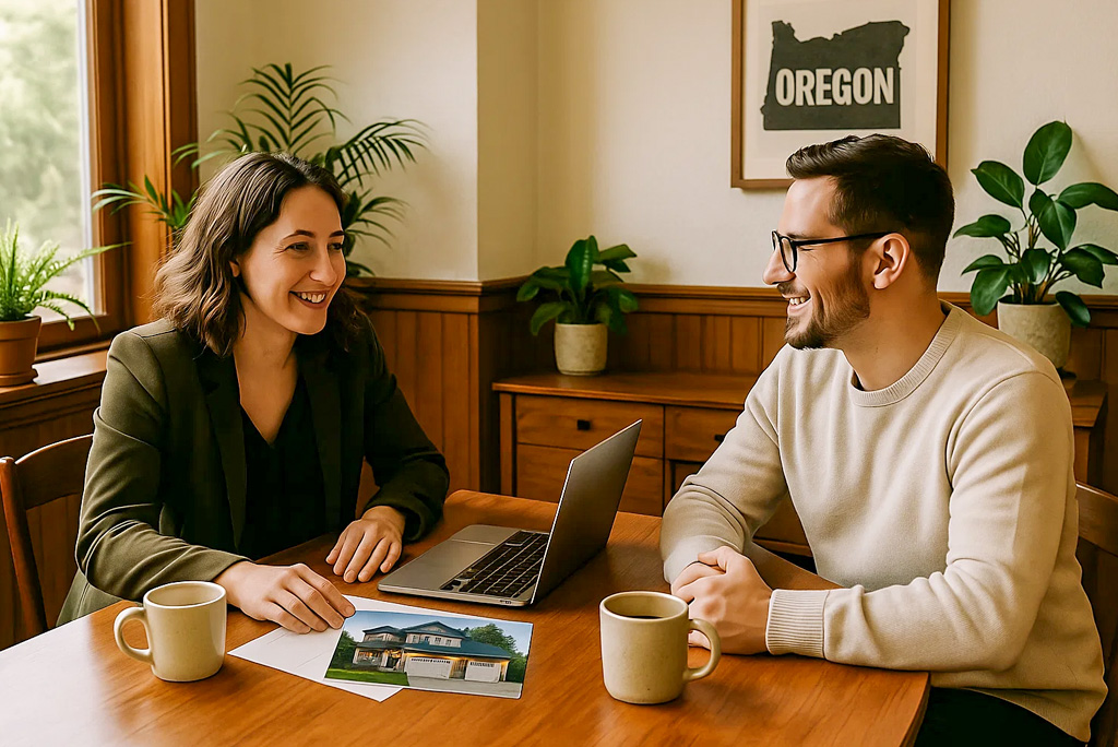Homebuyer meeting with a real estate agent in Oregon discussing property options during a consultation.