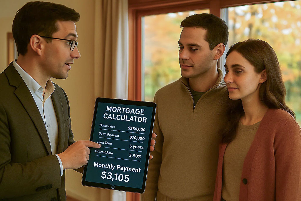 Agent using mortgage calculators to give buyers fast home loan information