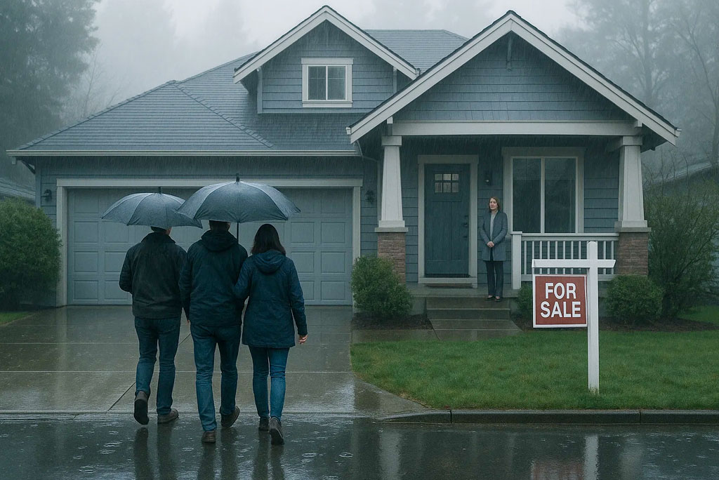 Illustration showing Oregon home buyers delaying property decisions during early winter because of slower real estate activity