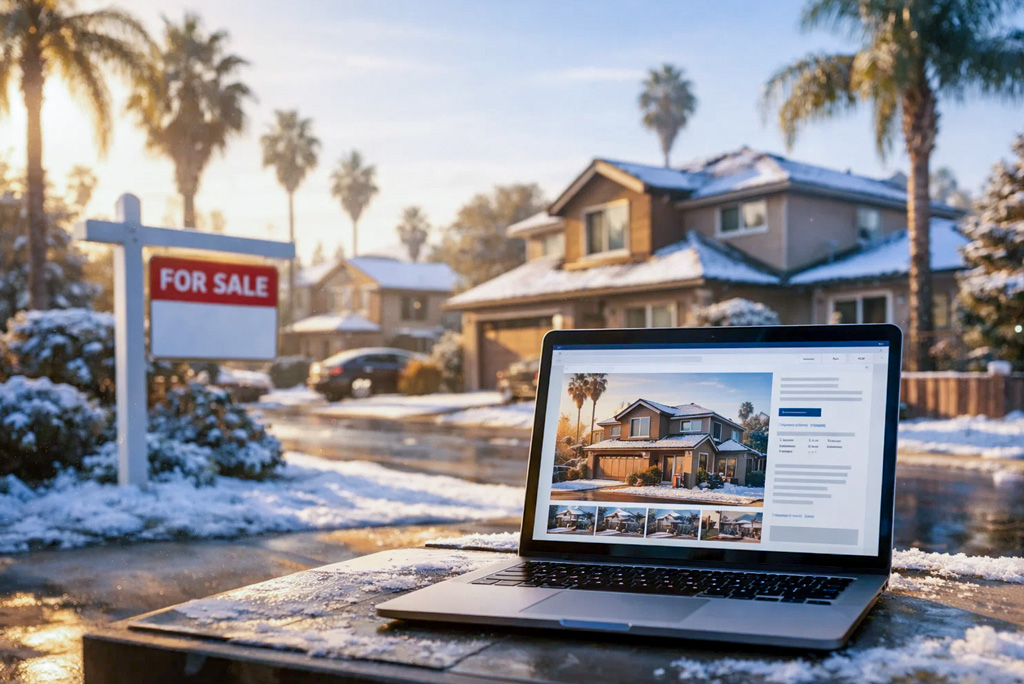 California homes shown online during winter, highlighting slower digital home sales activity