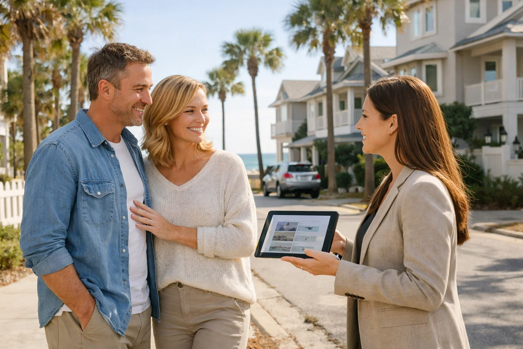 Home buyers consulting with a buyer agent in a Florida beach market to choose the right local expert