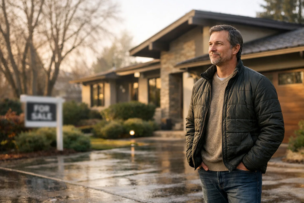 Home seller in California standing outside the house during winter listing season