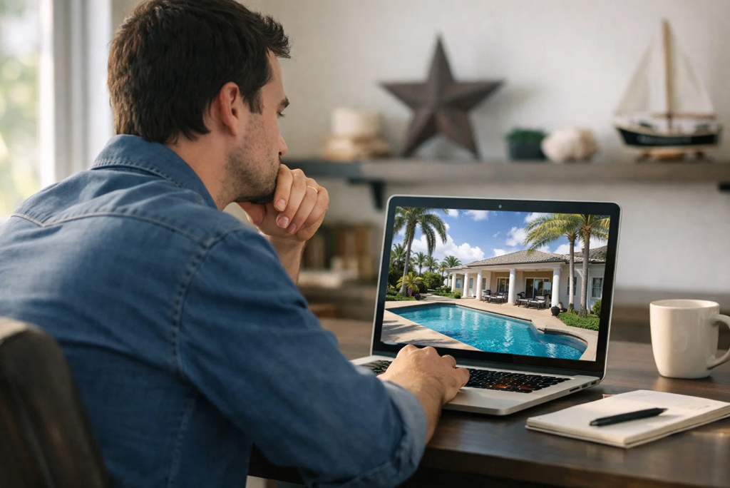 Home buyers in Texas using a virtual tour to explore Florida properties online