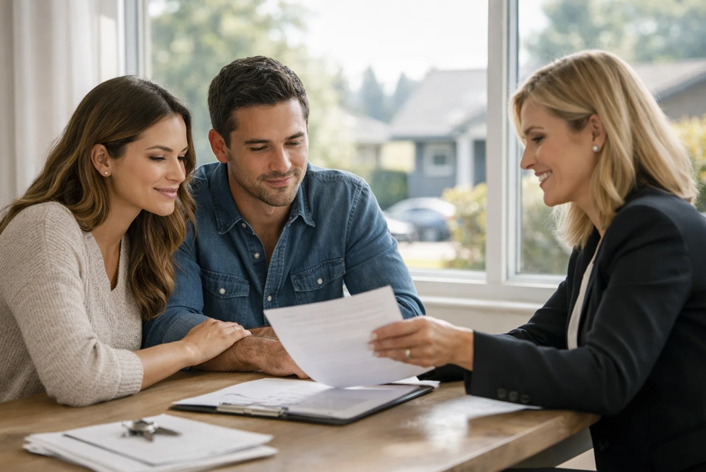 Real estate agent in Oregon helping buyers review home listings.