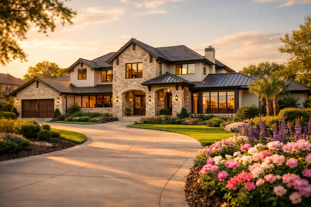 Luxury home for sale in Texas with a landscaped front yard in spring