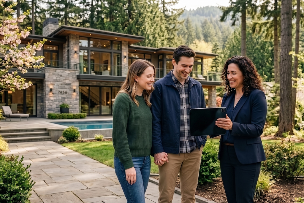 Buyer agent showing homes for sale in Washington to a couple in the spring
