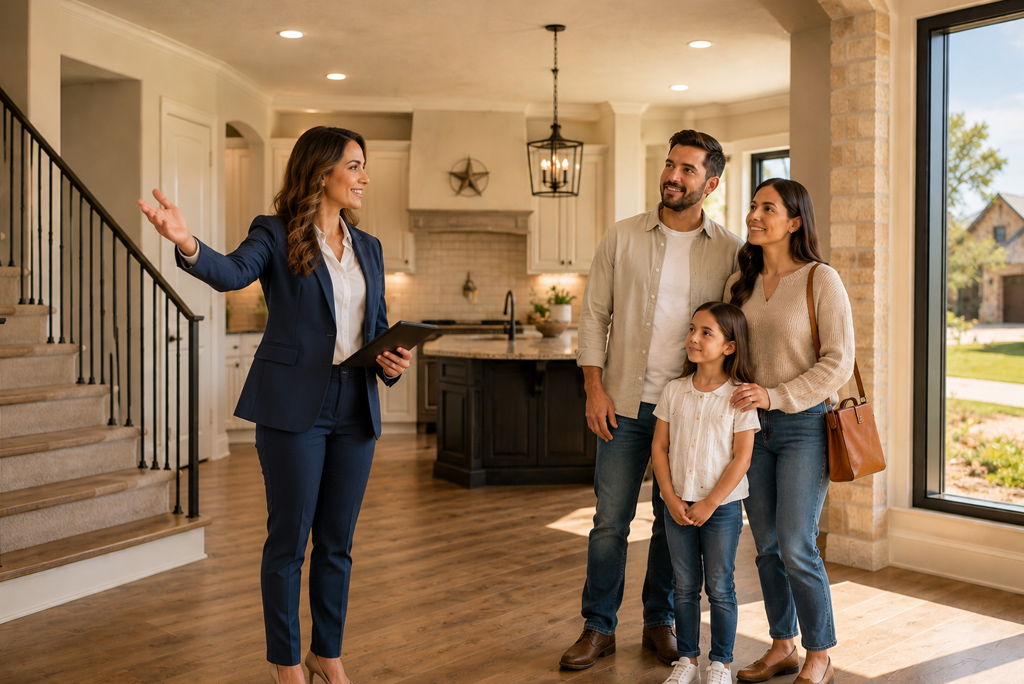 Family exploring a home for sale in Texas during summer