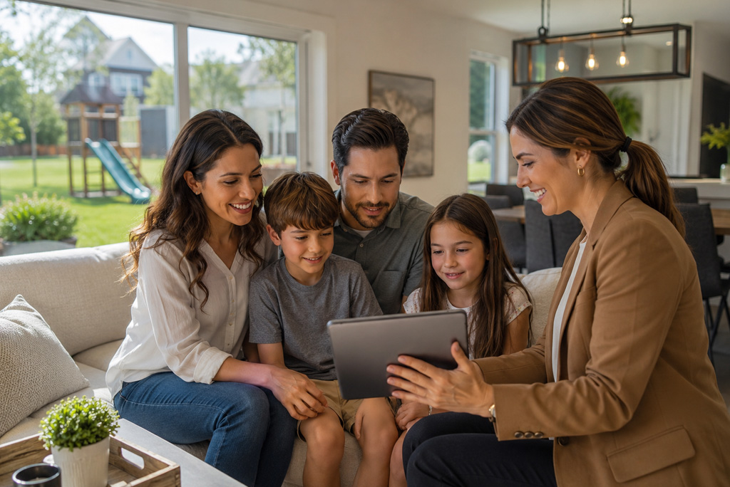 Family reviewing real estate listings with a real estate agent while searching for their ideal home