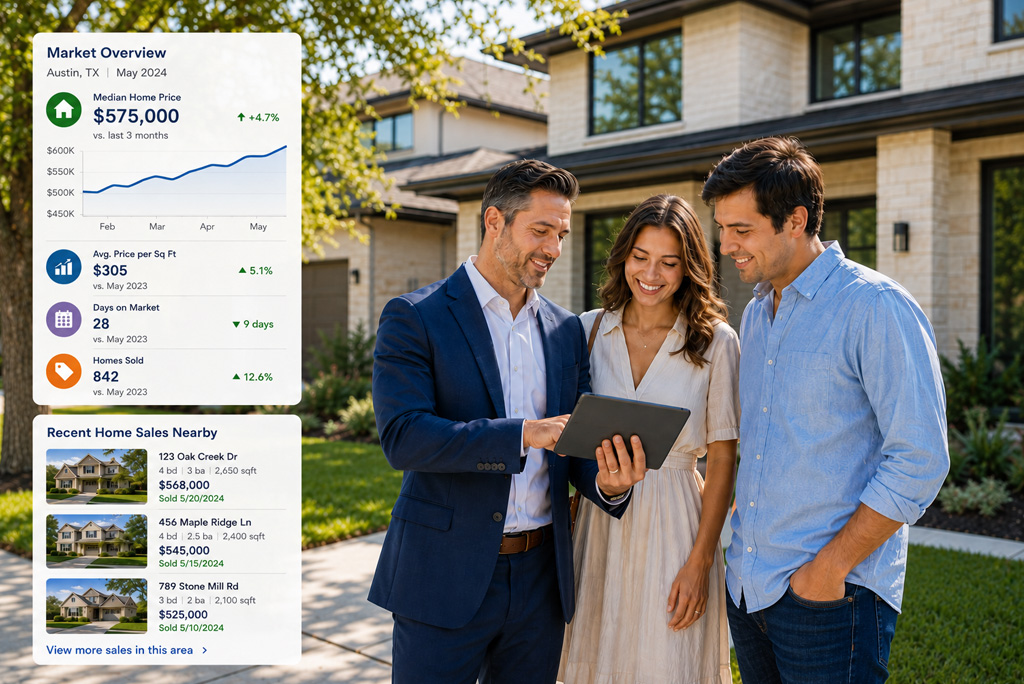 Real estate agent Texas reviewing home pricing data and local market trends with home buyers and sellers
