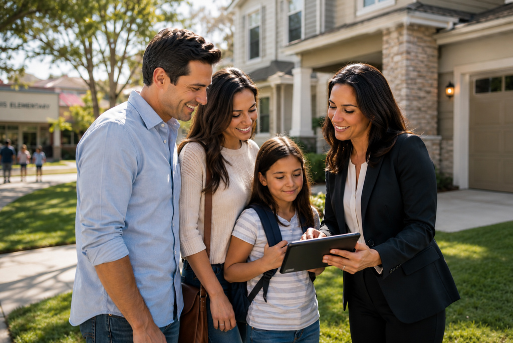 Family reviewing homes for sale in California while comparing local school district information during a summer home search