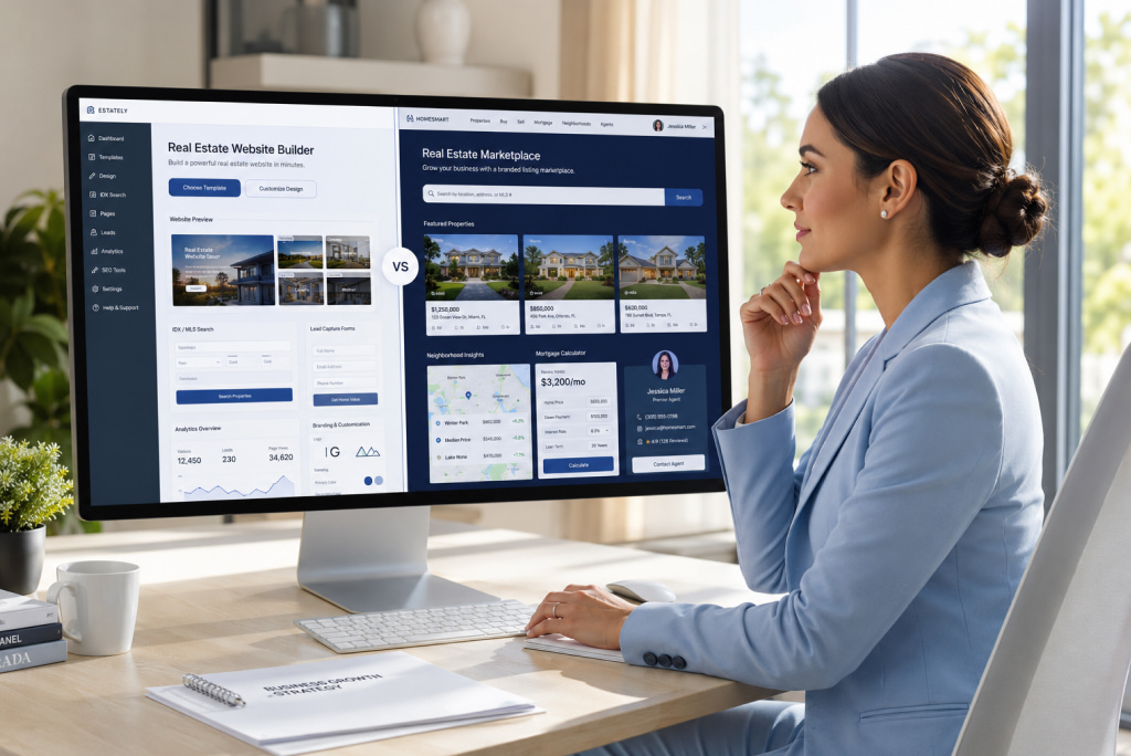 Real estate agent using a real estate website builder dashboard on a laptop