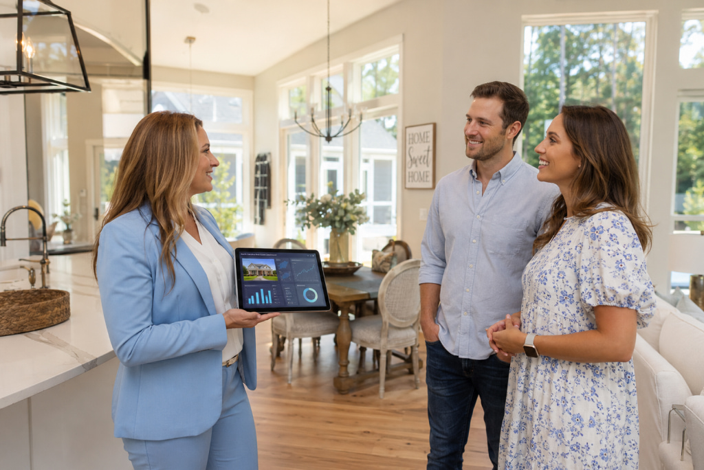 Real estate buyer agent showing a property layout to homebuyers