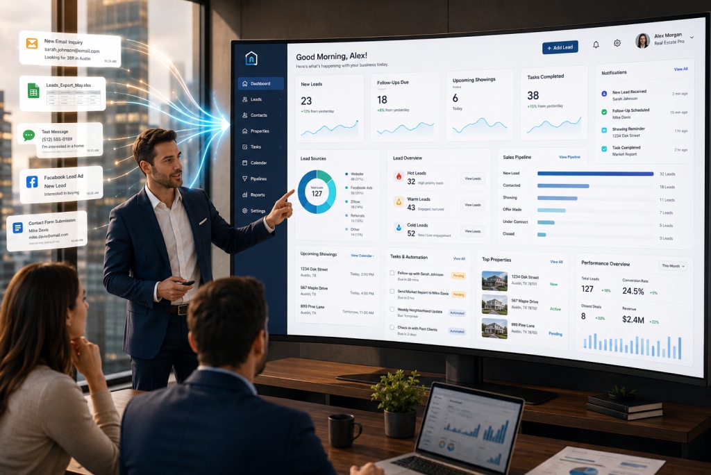 Real estate CRM software dashboard for managing leads, client follow-up, and sales pipelines